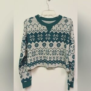 Colsie Women's Fair Isle Fleece Crop Lounge Sweatshirt Gray Green Large